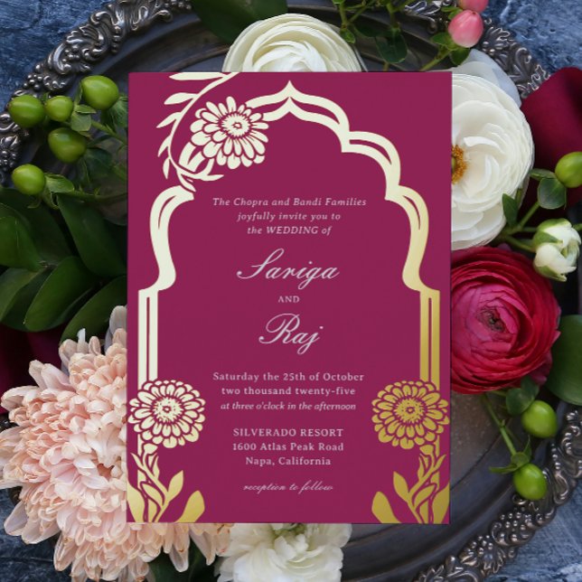 Gold Marigold Indian Wedding Einladung (indian wedding invitation, hindu wedding invitation, gold foil marigold mundap canopy arch invite)