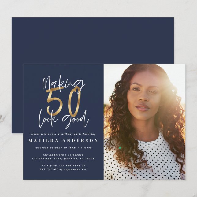 Gold Marine blau 50 sehen gut aus Foto Geburtstag (Vorne/Hinten)