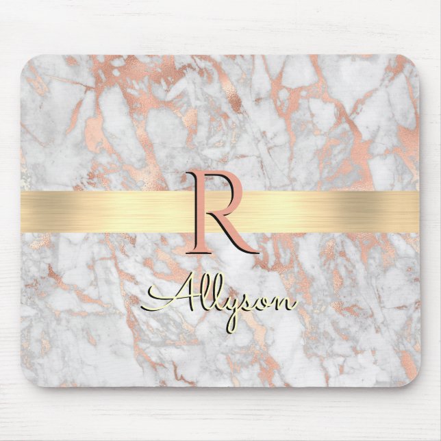 Gold-Marmor, Goldname und Monogramm, weiß und Rose Mousepad (Vorne)