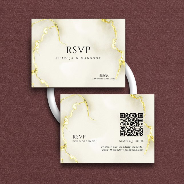 Gold Marmor Texture Islamic QR Code Hochzeit RSVP Begleitkarte (Von Creator hochgeladen)
