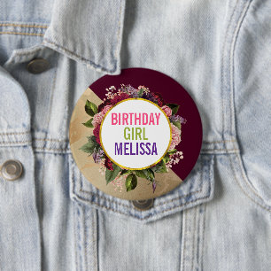 Gold Marmor und Burgund Florals Geburtstagskarte Button