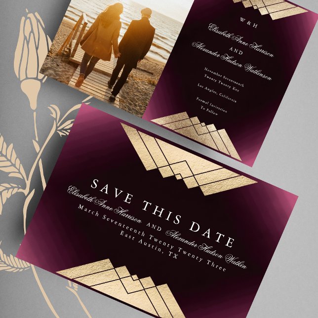 Gold Maroon Geometric Gatsby Foil Save the Date Ankündigung (Von Creator hochgeladen)
