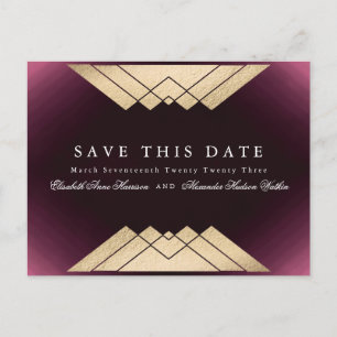 Gold Maroon Geometric Gatsby Foil Save the Date Ankündigungspostkarte
