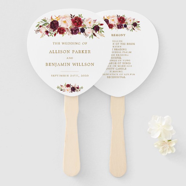 Gold Marsala Blume Boho Wedding Program Fans Fächer (Vorne und Hinten)