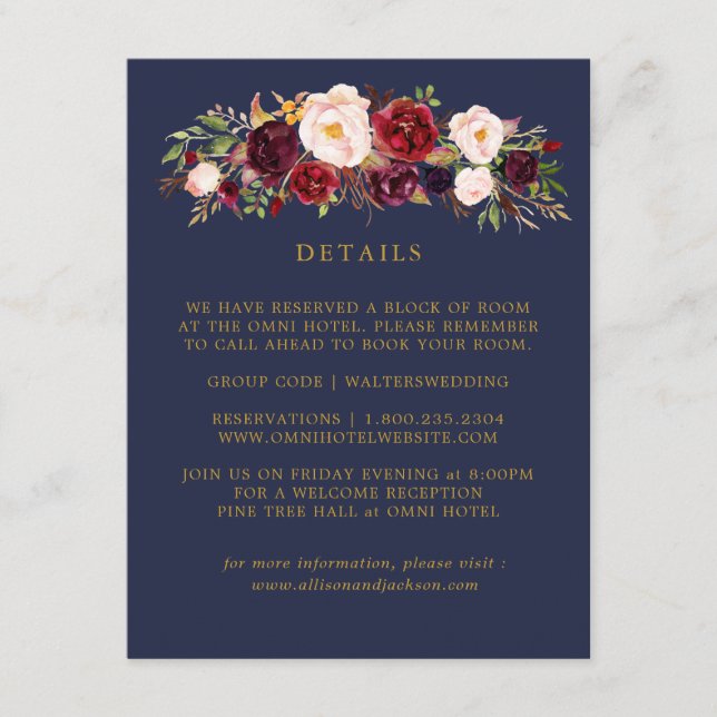 Gold Marsala Floral Wedding Details Cards Begleitkarte (Vorderseite)