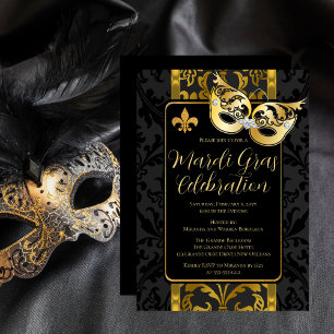 Gold Mask Vintag Black Damask Mardi Gras Party Einladung
