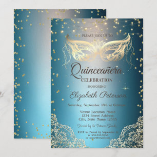 Gold Masqu Spitze, Diamanten Quinceañera Einladung