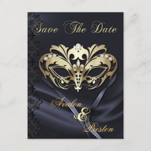Gold Masquerade Black Jewel Save the Date Postcard Ankündigungspostkarte
