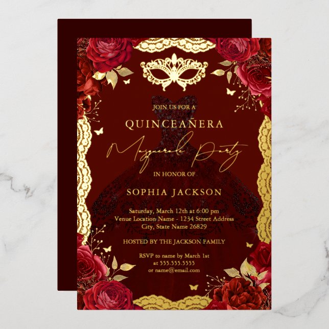 Gold Masquerade Party Rote Rose Kleid Quinceanera Folieneinladung (Vorderseite/Rückseite)