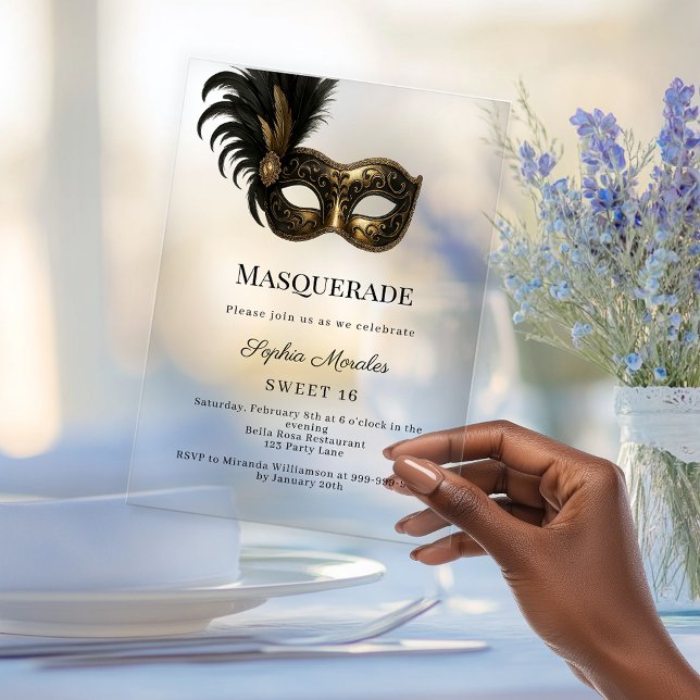 Gold Masquerade party Sweet 16 Acryleinladungen (Von Creator hochgeladen)