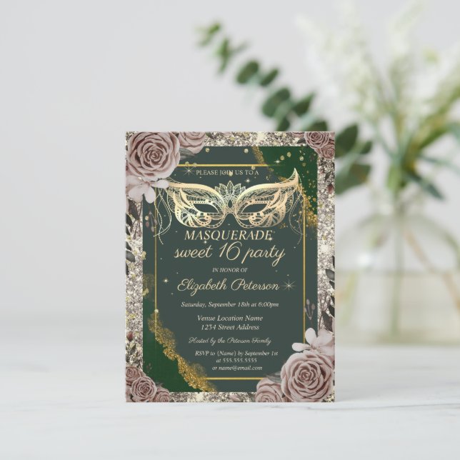 Gold Masquerade Roses Glitter Green Sweet 16  Einladung (Stehend Vorderseite)