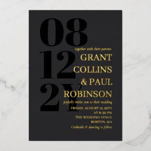 Gold Matte Black mit Eltern Typografie Hochzeit Folieneinladung