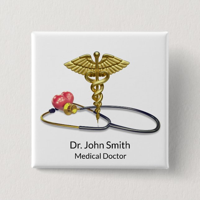 Gold Medical Caduceus & Stethoscope with Heart Button (Vorderseite)