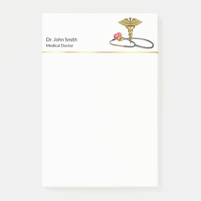 Gold Medical Stethoscope & Caduceus with Heart Post-it Klebezettel (Vorderseite)