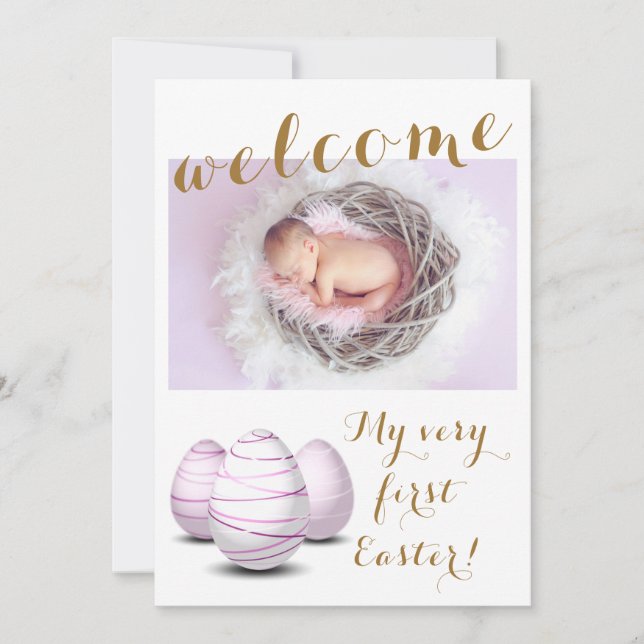 Gold Mein erstes Osterwillkommen Foto Baby Birth Ankündigung (Vorderseite)