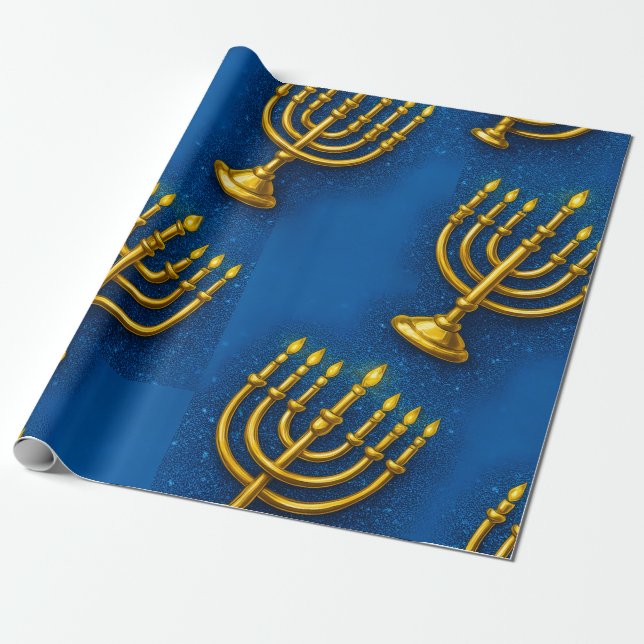 Gold Menorah auf Funkelnd blauen Hintergrund Hanuk Geschenkpapier (Ungerollt)