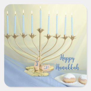 Gold Menorah, Coins & Dreidels Happy Hanukkah Quadratischer Aufkleber