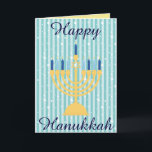 Gold Menorah Happy Hanukkah Feiertagskarte<br><div class="desc">Honor the festival of lights with this Happy Hanukkah gold menorah greeting card.  The background is a blue vertical striped pattern,  with a blessing inside.    Purchase yours today!

Artwork courtesy of Sonya DeHart Design at: 
http://www.sonyadehartdesign.com |http://www.sonyadehartdesign.etsy.com</div>
