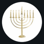 Gold Menorah Holiday Runder Aufkleber<br><div class="desc">Dieser Aufkleber weist eine goldfarbene Menorah auf einem weißen Hintergrund auf. Perfektes Kompliment zu Ihren Ferien-Mailings und Geschenken,  um ein wenig Dekoration hinzuzufügen.</div>