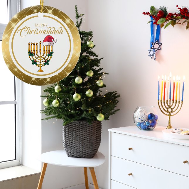 Gold Menorah Santa Hanukkah Merry Chrismukkah Keramik Ornament (Von Creator hochgeladen)