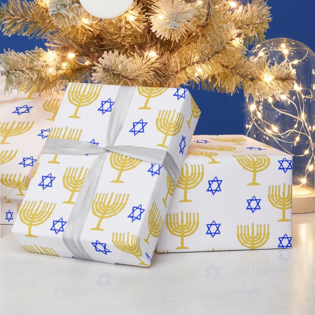 Gold Menorahs + Blue Stars Geschenkpapier (Feiertage)