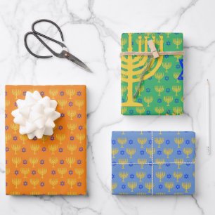 Gold Menorahs + Blue Stars Wrapping Paper Sheets Geschenkpapier Set