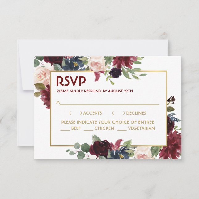Gold Merlot Blue Floral Wedding Response Card RSVP Karte (Vorderseite)