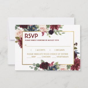 Gold Merlot Blue Floral Wedding Response Card RSVP Karte