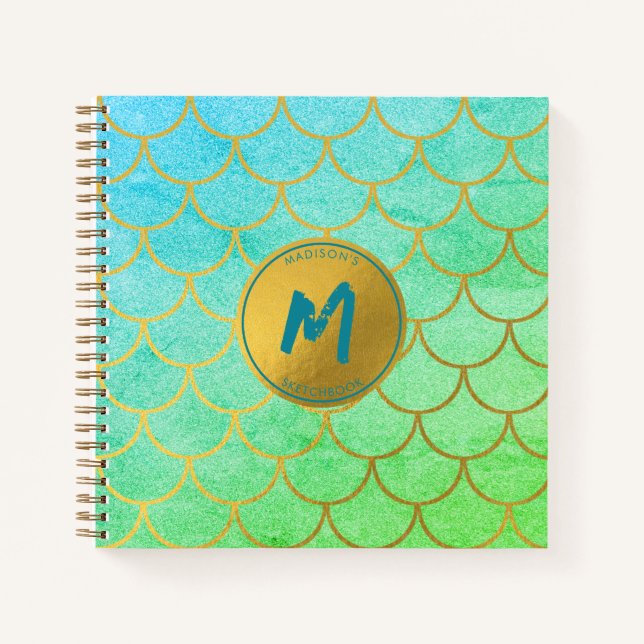 Gold Mermaid Scales Aquamarin Glitzer Sketchbook Notizbuch (Vorderseite)