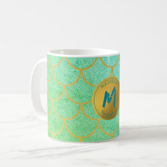 Gold Mermaid Scales Aquamarines Glitzer Muster Mon Kaffeetasse (Vorderseite Links)