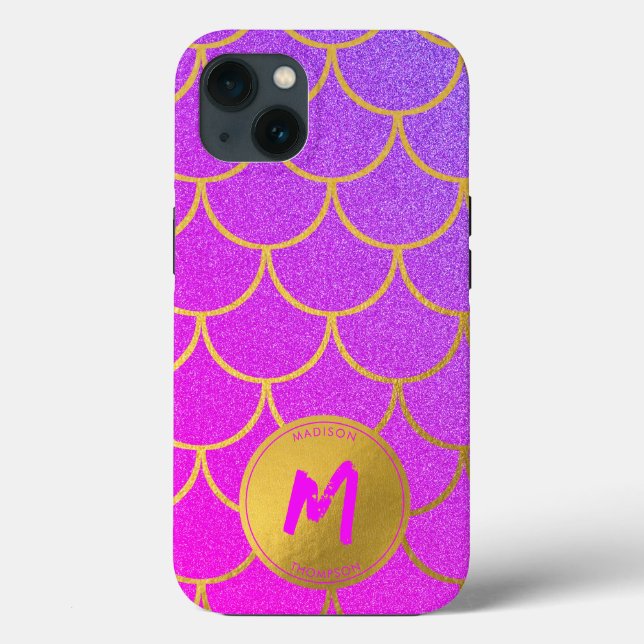 Gold Mermaid Scales Pink Muster Monogram Case-Mate iPhone Hülle (Rückseite)