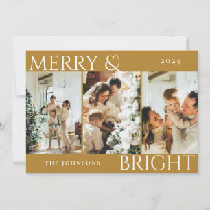 Gold Merry and Bright 3 Foto Collage Holiday Card Feiertagskarte
