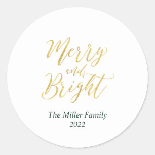 Gold Merry & Bright Weihnachtsaufkleber Runder Aufkleber