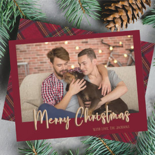 Gold Merry Christmas Burgundy Plaid Holiday Photo Feiertagskarte