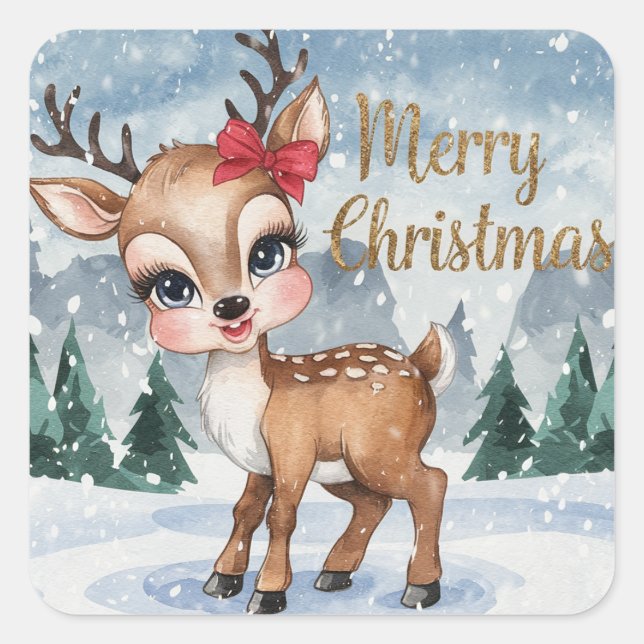Gold Merry Christmas Girl Reindeer Quadratischer Aufkleber (Vorderseite)