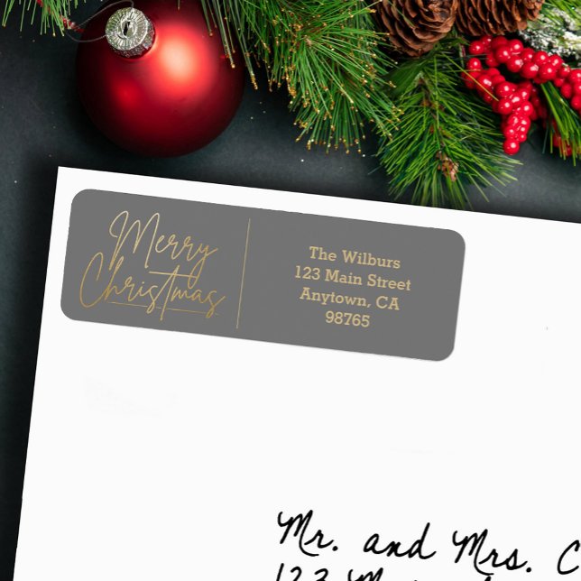 Gold Merry Christmas on Grey Return Address (Gold Merry Christmas script on grey return address labels)