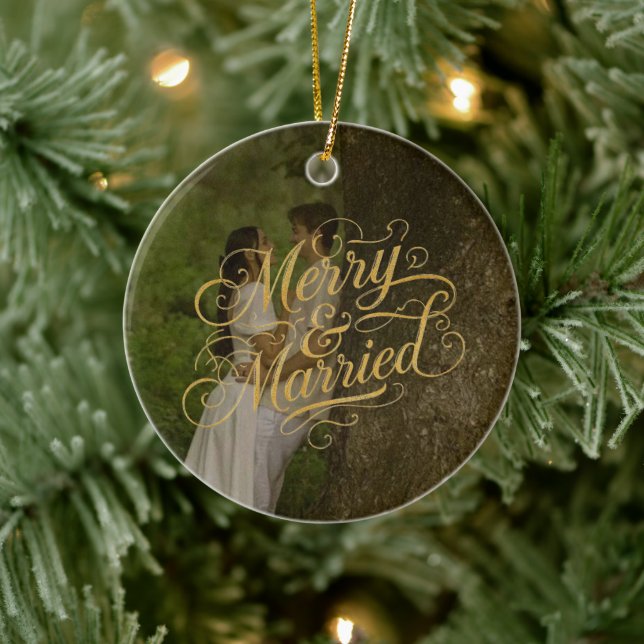 Gold Merry & Verheiratet Erster Weihnachtsfeiertag Keramik Ornament (Baum)