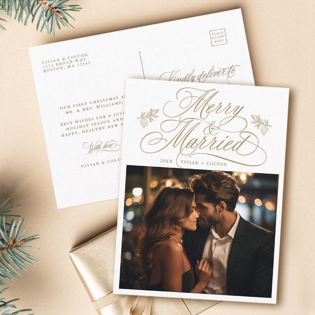 Gold Merry & Verheiratet New Weds Weihnachts-Foto Postkarte (Front & Back)