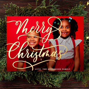 Gold Merry Weihnachts-Schriftzug Familienfoto Folien Feiertagskarte