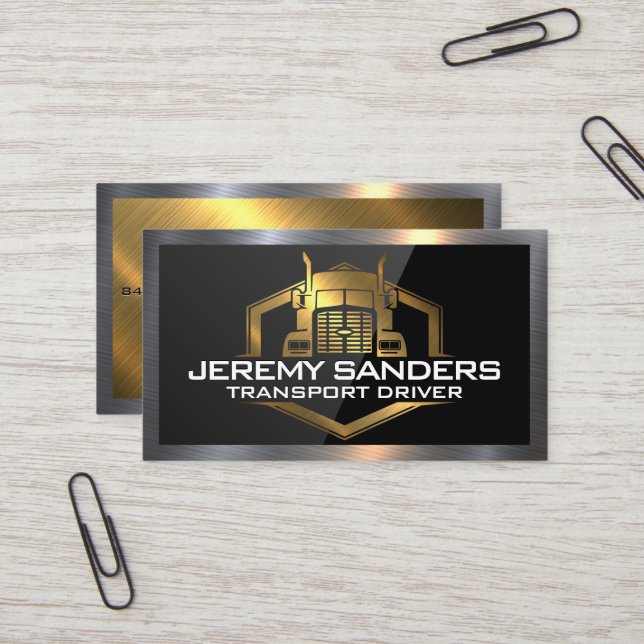 Gold Metal Truck Logo | High Gloss Black Visitenkarte (Vorderseite/Rückseite Beispiel)