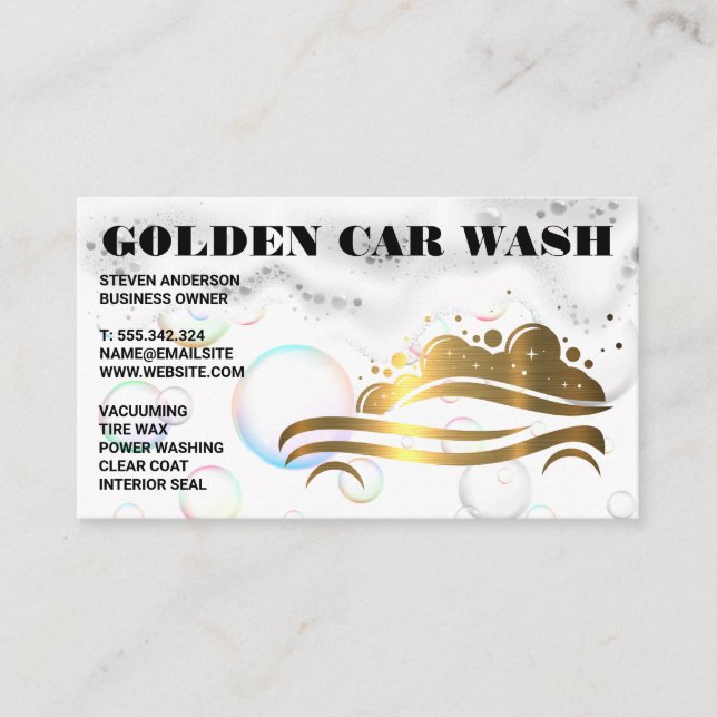 Gold Metallic Car Wash Logo | Seifenblasen-Schaums Visitenkarte (Vorderseite)