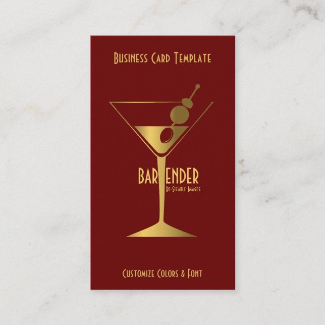 Gold Metallic Cocktail Logo Barkeeper Visitenkarte (Vorderseite)