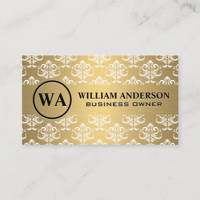 Gold Metallic | Damask Muster | Monogramm Discount Rabattkarte (Vorderseite)