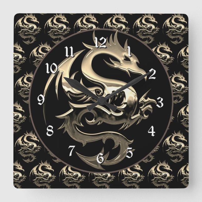 Gold Metallic Dragon Quadratische Wanduhr (Vorderseite)