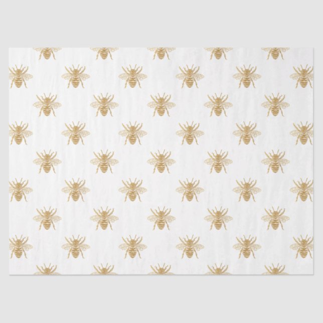 Gold Metallic Faux Foil Photo-Effect Bees on White Seidenpapier (Vorderseite)