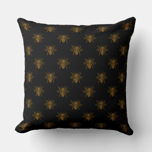Gold Metallic Foil Bees on Black Kissen (Vorderseite)