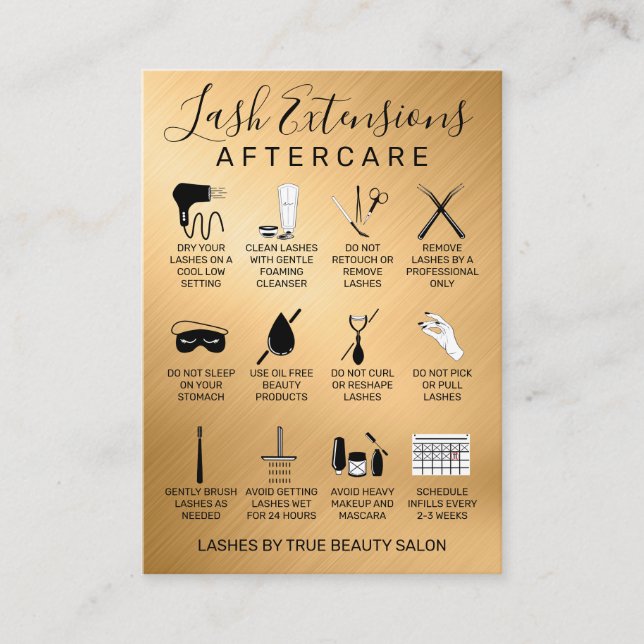 Gold Metallic Lash Extensions Aftercare Symbol Visitenkarte (Vorderseite)