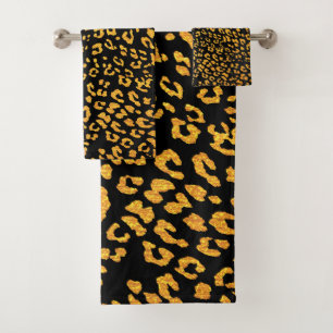 Gold Metallic Leopard Muster auf schwarz Badhandtuch Set