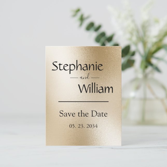 Gold Metallic Modernes Elegant Save the Date stilv Ankündigungspostkarte (Stehend Vorderseite)