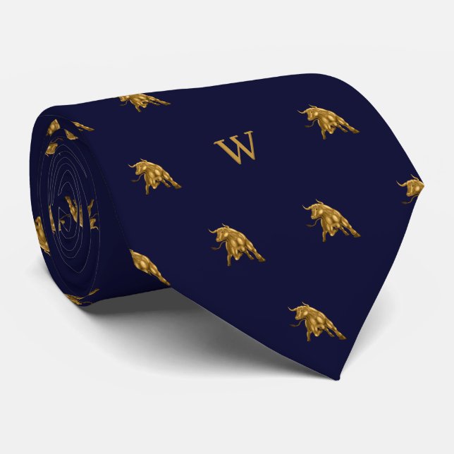 Gold Metallic Ox Bull Mit Monogramm Initials Blue Krawatte (Gerollt)